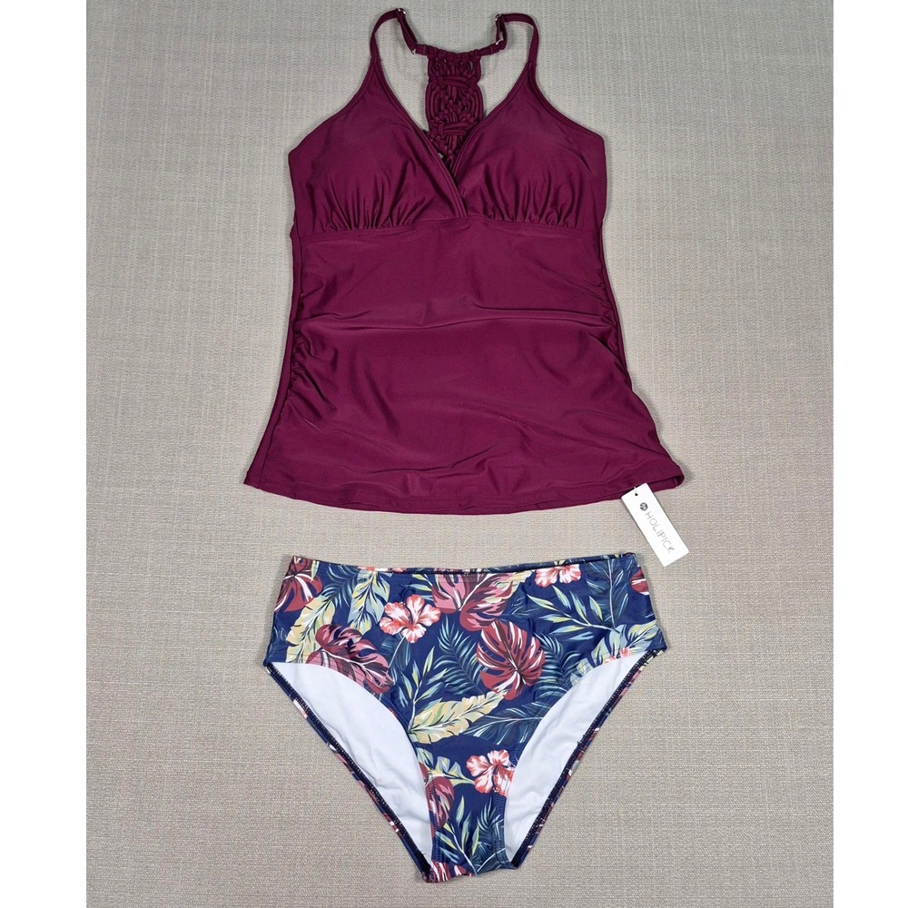 Holipick Tankini Swimsuit Set Plum Purple Macrame‎ Racerback Floral Bottoms NWT